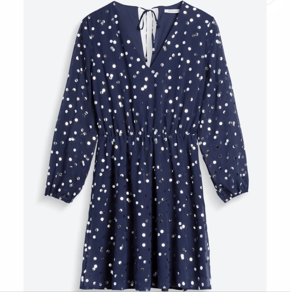 Collective Concepts Blue and Silver V-Neck Bishop Sleeve Dress